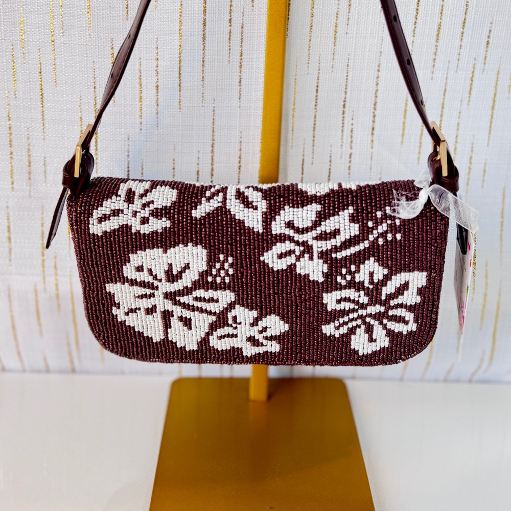 Handmade Beaded Y2K Shoulder Bag – Floral Brown & White – NWT - Picture 5 of 11